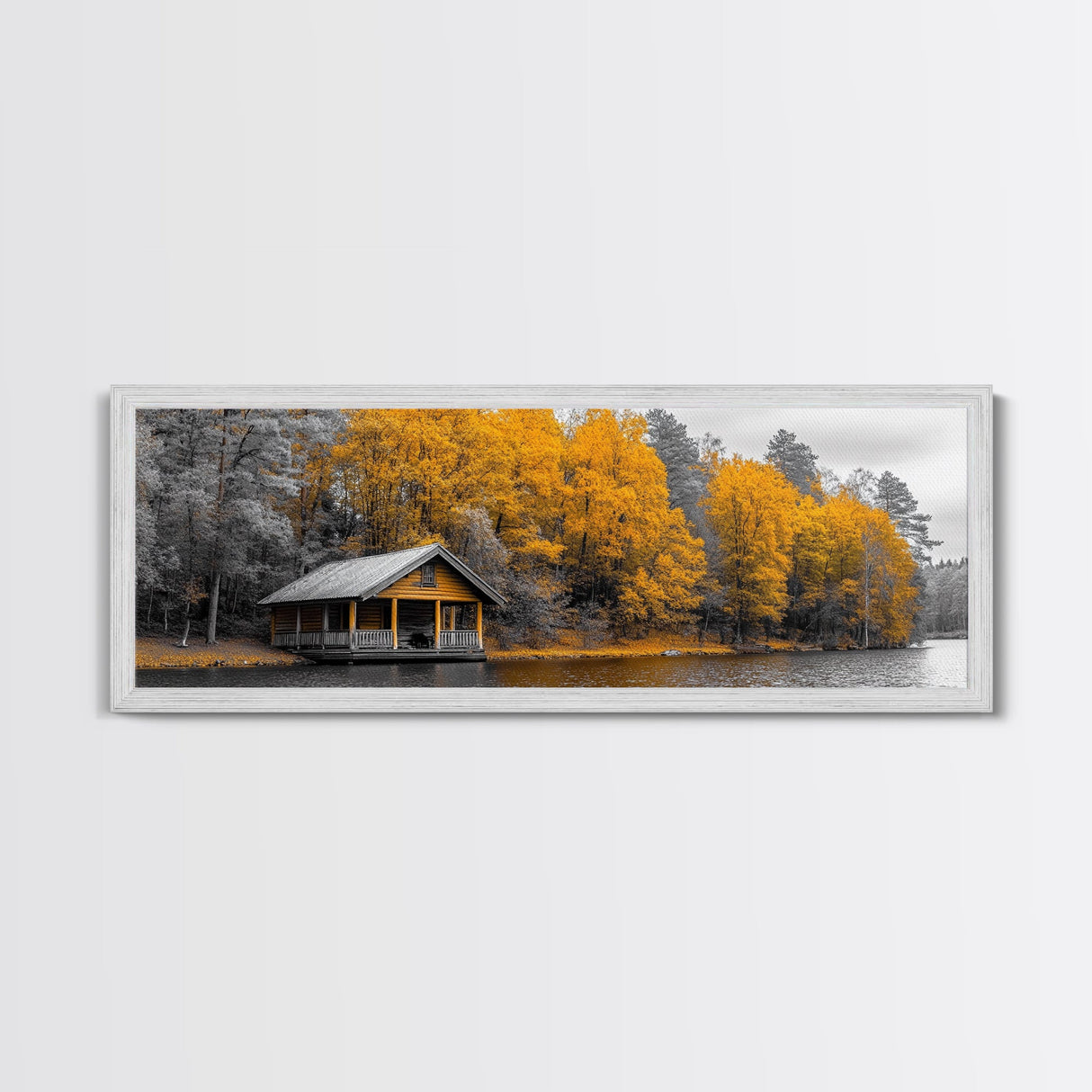 Fall Forest Cabin, Golden Autumn Trees, Riverside Retreat, Framed Canvas Print, Rustic Country Wall Art, Living Room Cabin Decor