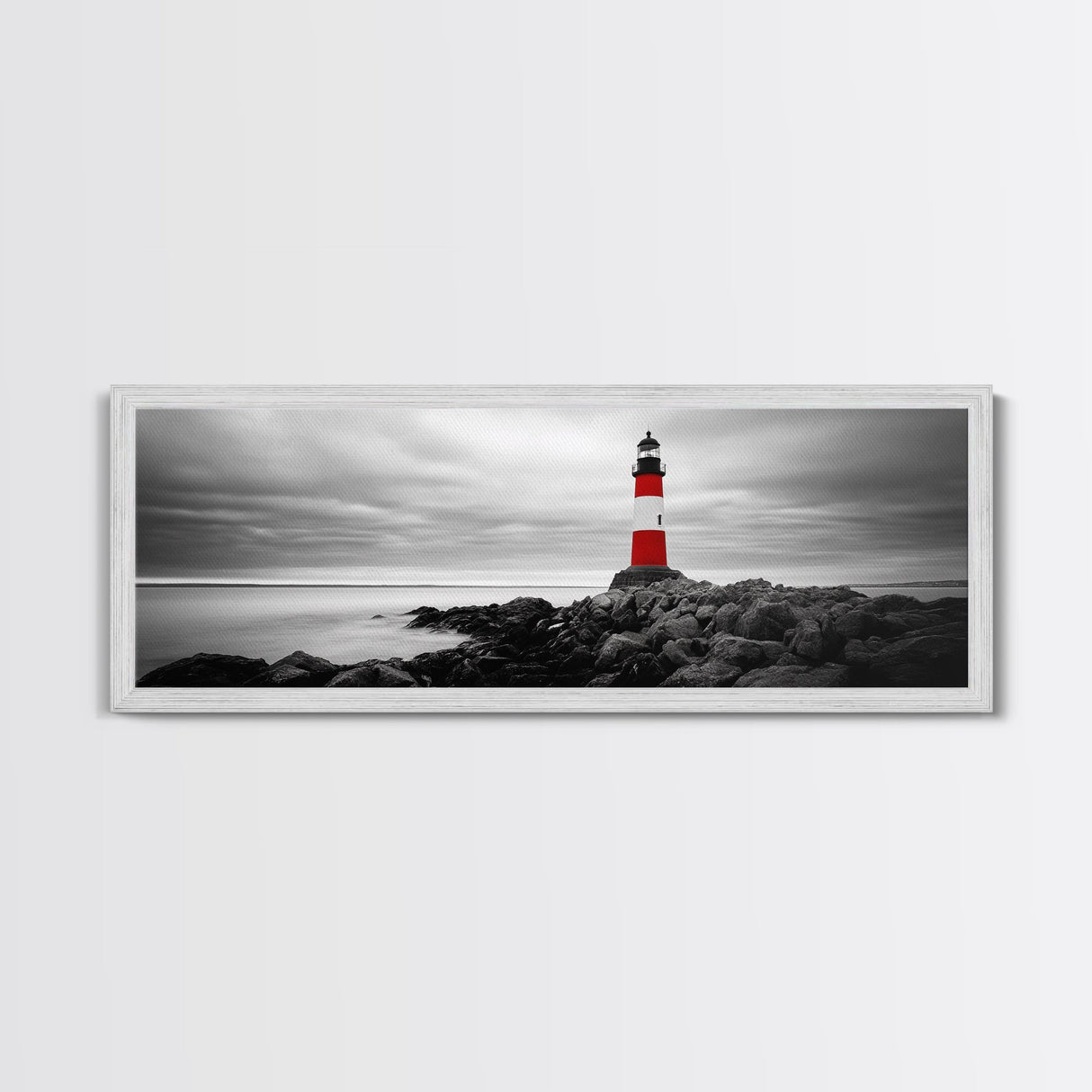 Lighthouse Coastline, Red Beacon, Stormy Sea, Black and White Landscape, Framed Canvas Print, Nautical Decor, Office Wall Art, Modern Style