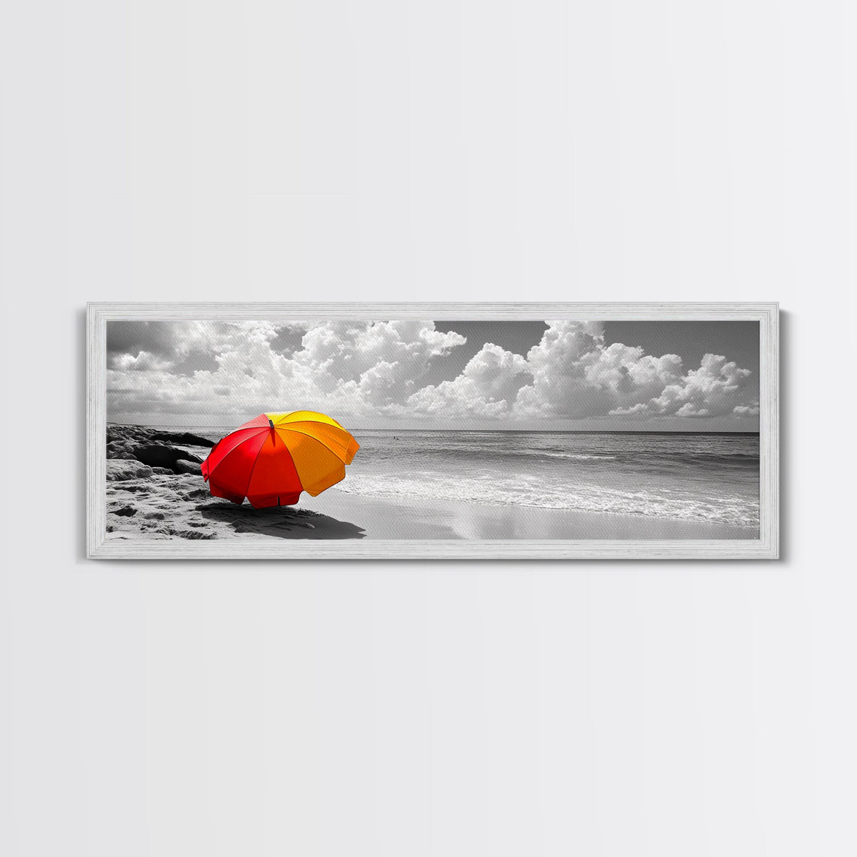 Red Yellow Umbrella, Beach Art, Summer Decor, Modern Coastal Print, Framed Canvas Print, Minimalist Wall Art, Bathroom or Hallway Decor
