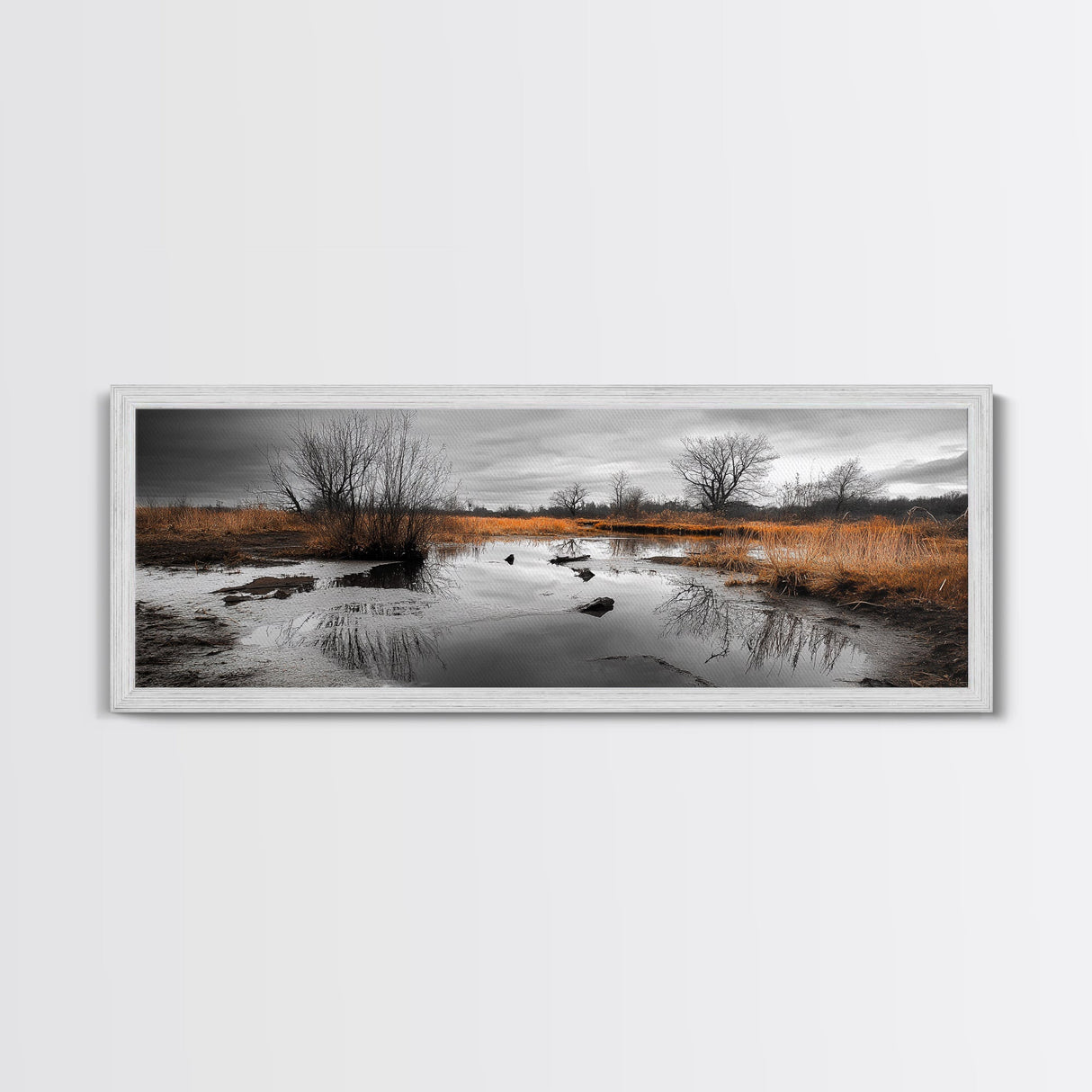 Marshland Autumn, Nature Landscape, Golden Hour Swamp View, Framed Canvas Print, Rustic Fall Home Decor, Entryway or Office Wall Art