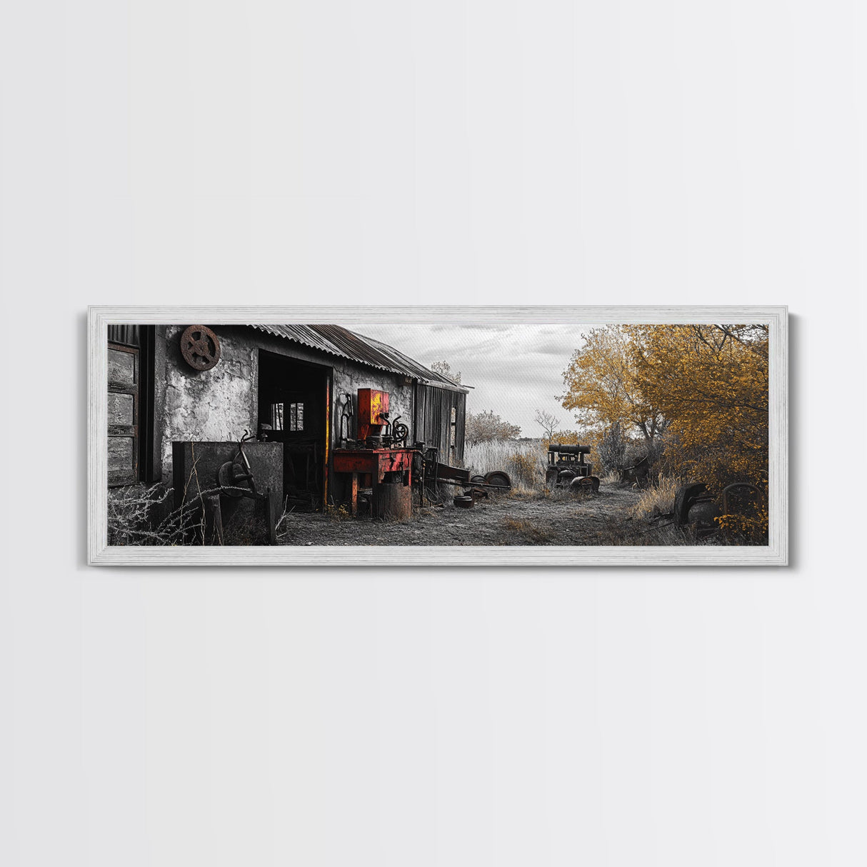 Abandoned Workshop, Rural Americana Scene, Autumn Landscape, Canvas Print, Farmhouse Decor, Rustic Fall Entryway or Garage Wall Art