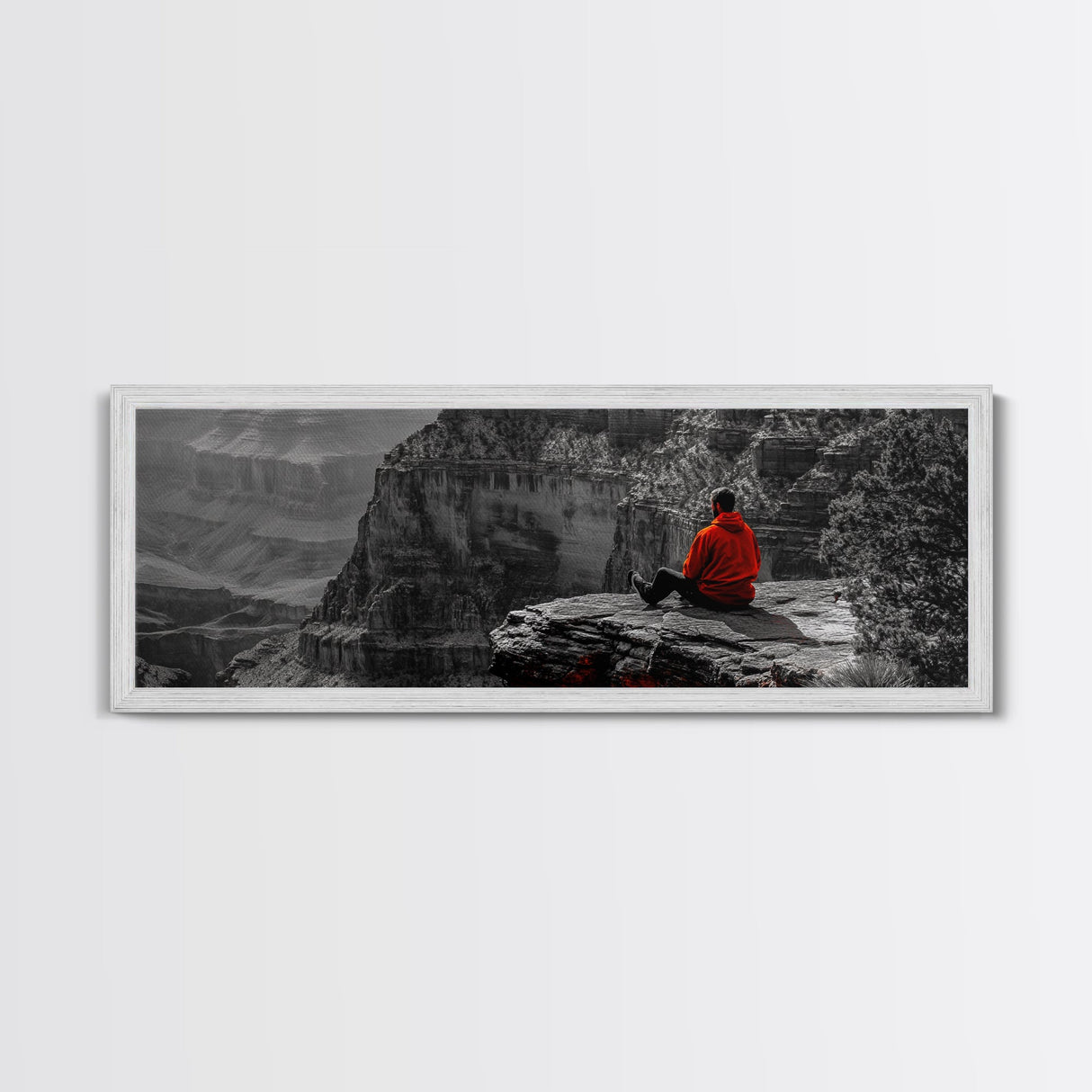 Grand Canyon, Meditation Art, Red Jacket, Adventure Scene, Framed Canvas Print, Hiking Wall Art, Man Cave Decor, Minimalist Landscape