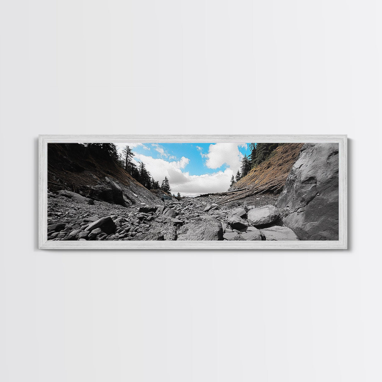 Rocky Trail, Blue Sky, Wilderness Path, Forest Adventure, Canvas Print, Rustic Nature Art, Hiking Wall Art, Cabin Living Room Decor