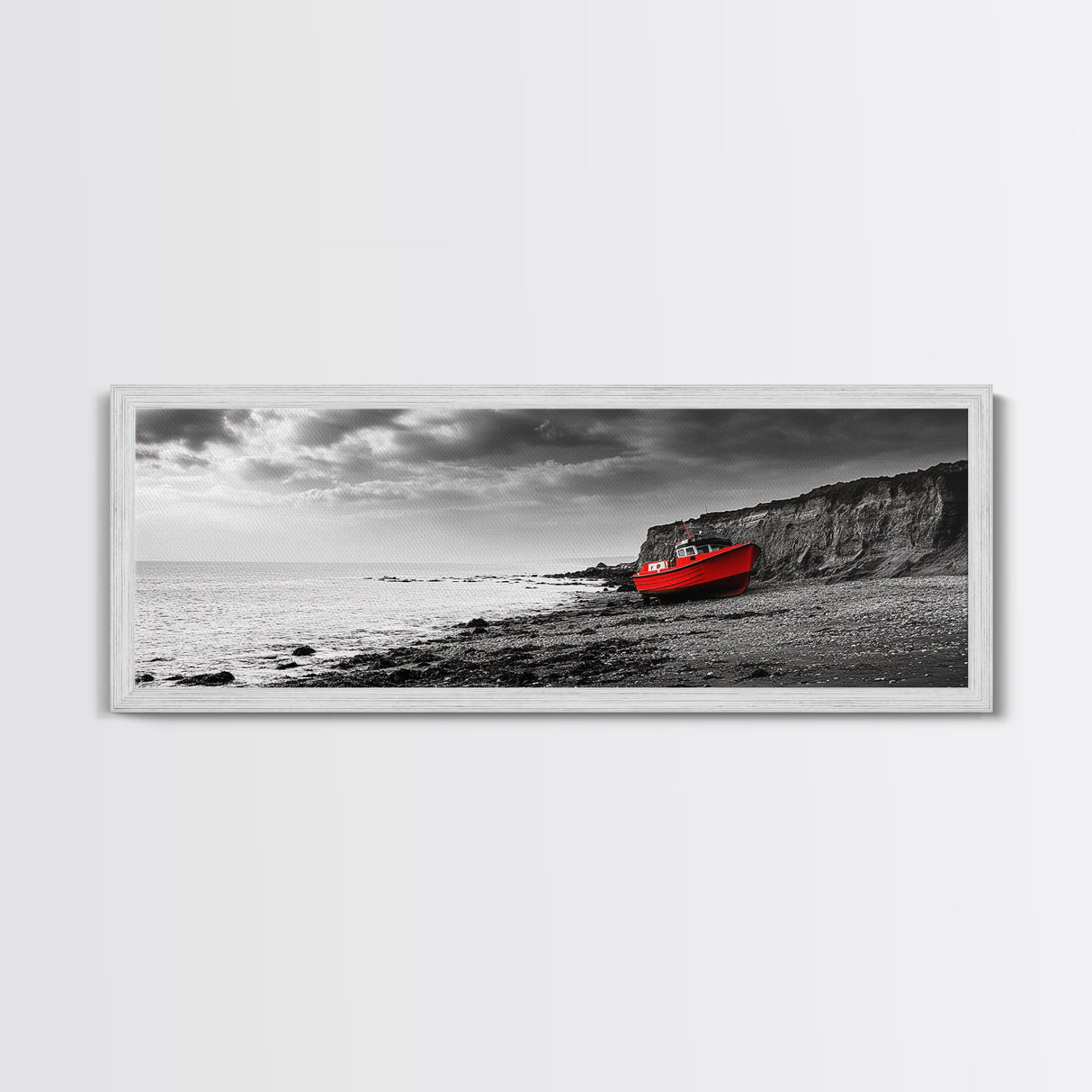 Red Boat, Rocky Shore, Dramatic Sky, Abandoned Vessel, Framed Canvas Print, Nautical Living Room Art, Moody Coastal Home Decor