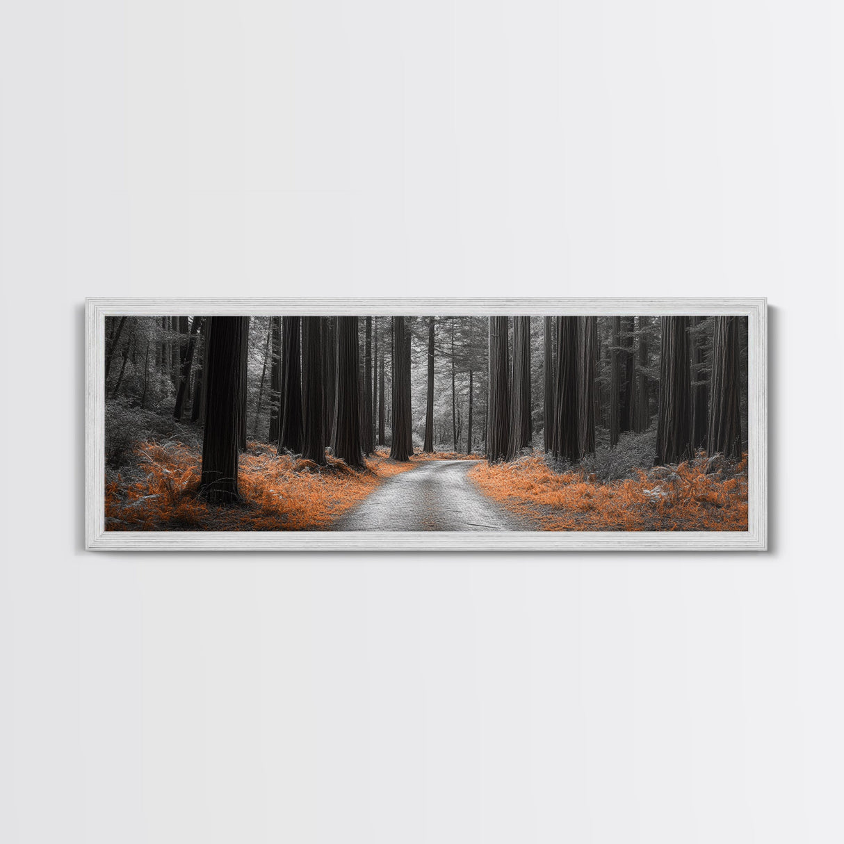 Redwood Forest Path, Serene Nature Trail, Autumn Ground Cover, Framed Canvas Print, Fall Wall Art, Rustic Home Decor, Woodland Scene