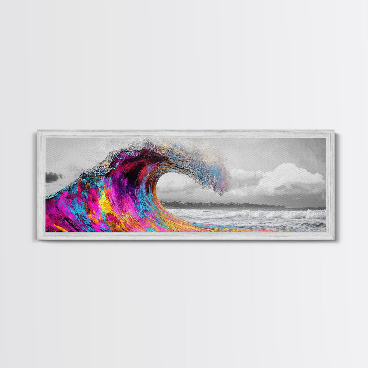 Rainbow Wave Curl, Surf Art Explosion, Vibrant Ocean Energy, Framed Canvas Print, Beach House Decor, Colorful Coastal Wall Art