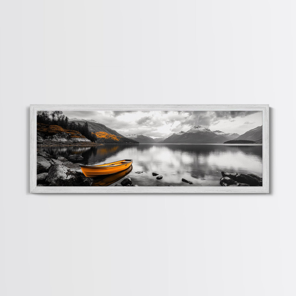 Golden Rowboat Reflections, Lake Mountain Art, Scenic Boat Landscape, Framed Canvas Print, Coastal Wall Art, Fall Living Room Decor