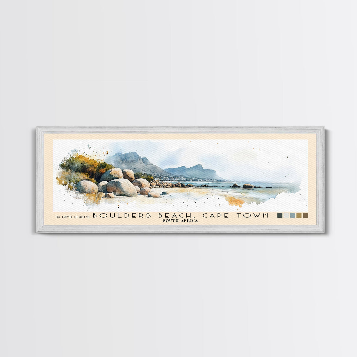 Boulders Beach, Cape Town, South Africa Watercolor Print, Vacation Gift, South Africa Wall Art, Beach Painting, Beach Decor, Large Wall Art, Wood Frame Art