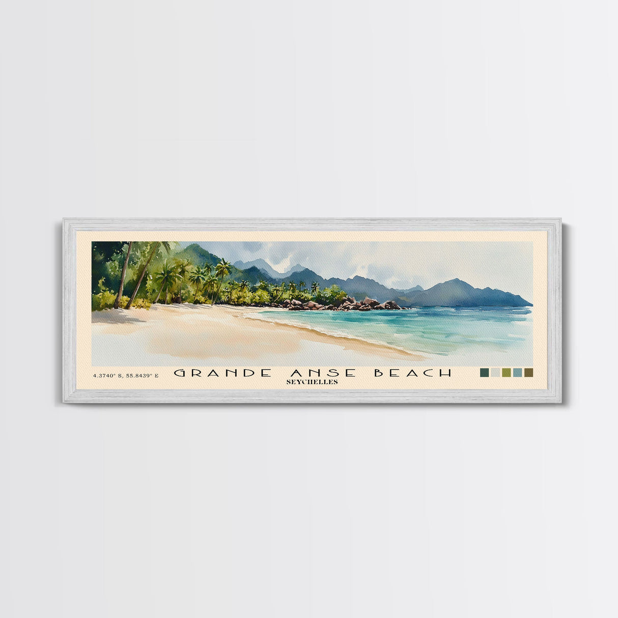 Grande Anse Beach, Seychelles Watercolor Print, Vacation Gift, Seychelles Wall Art, Beach Painting, Beach Decor, Large Wall Art, Wood Frame Art
