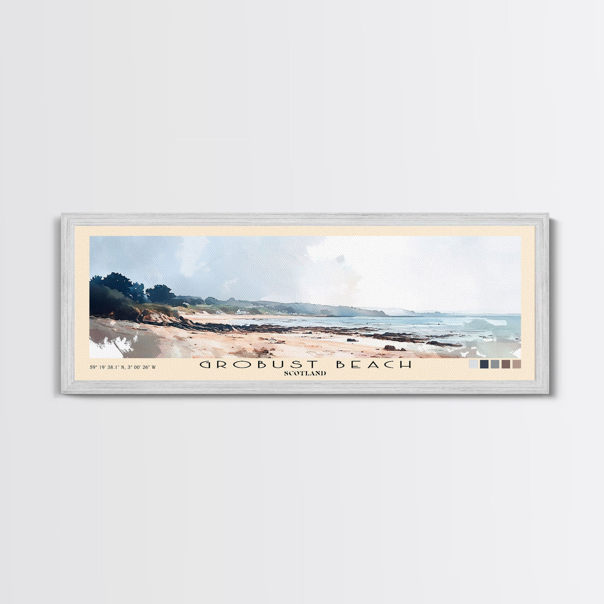 Grobust beach, Scotland Watercolor Print, Vacation Gift, Scotland Wall Art, Beach Painting, Beach Decor, Large Wall Art, Wood Frame Art