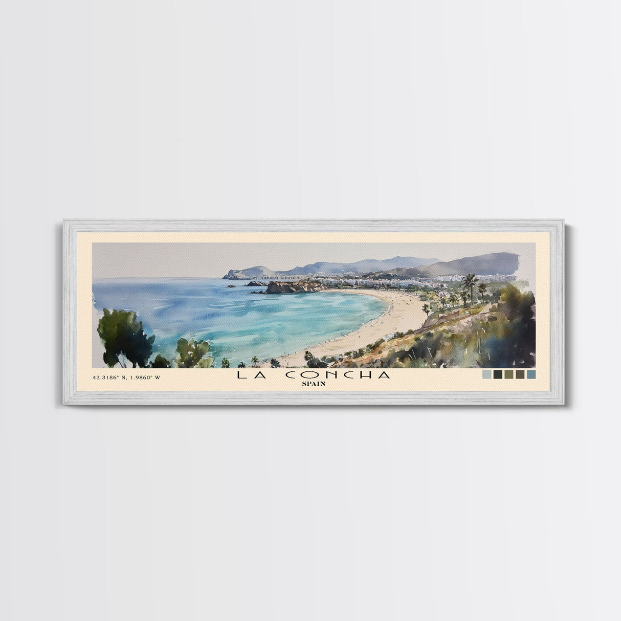 La Concha, Spain Watercolor Print, Vacation Gift, Spain Wall Art, Beach Painting, Beach Decor, Large Wall Art, Wood Frame Art