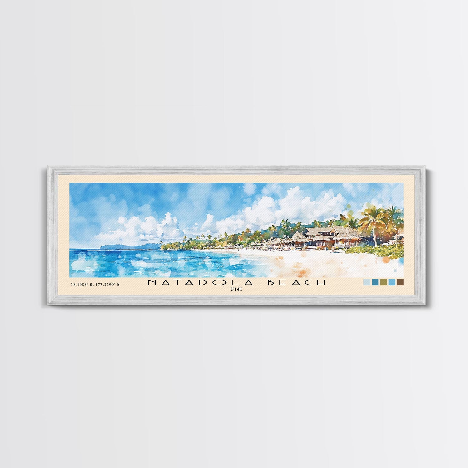 Natadola Beach, Fiji Watercolor Beach Print, Vacation Gift, Fiji Wall Art, Framed Canvas Print, Framed Beach Painting