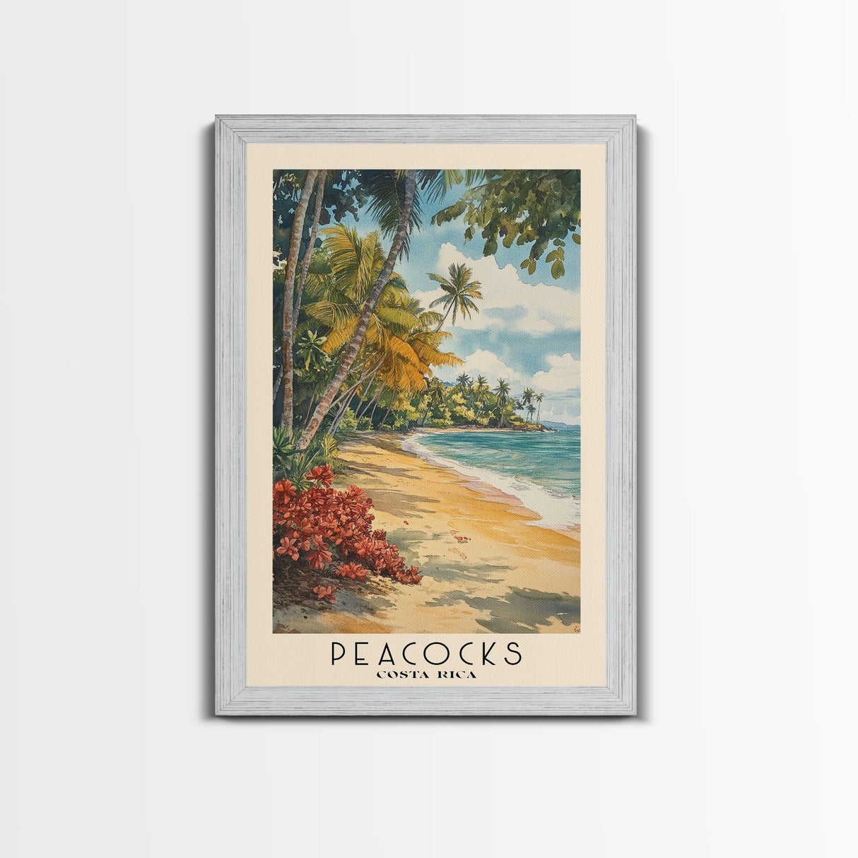 Peacocks, Costa Rica Watercolor Beach Print, Vacation Gift, Costa Rica Wall Art, Framed Canvas Print, Framed Beach Painting