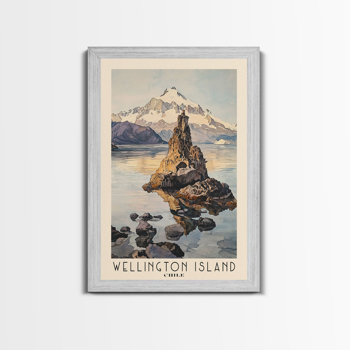 Wellington Island, Chile Watercolor Beach Print, Vacation Gift, Chile Wall Art, Framed Canvas Print, Framed Beach Painting