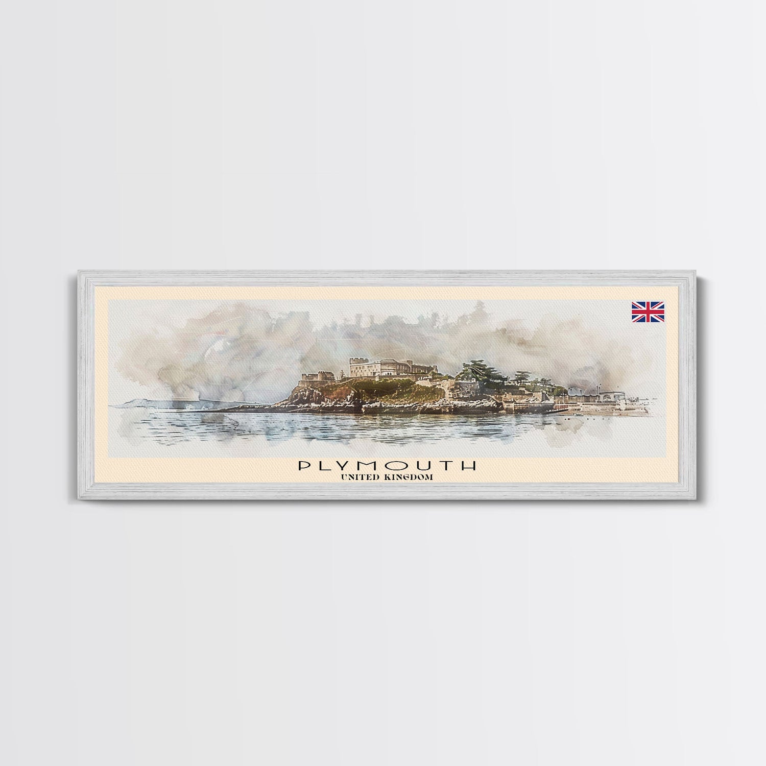 Plymouth United Kingdom Panoramic Travel Poster, Framed Canvas Print or Metal Wall Art, Travel Art, Home Decor, Panoramic Painting, Midcentury Art