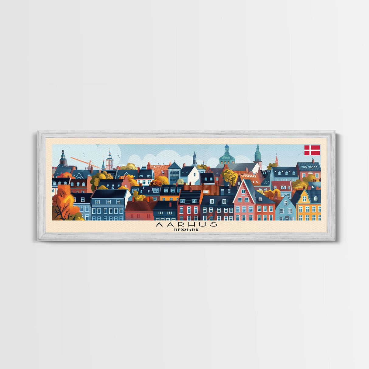 Aarhus Denmark Panoramic Travel Poster, Framed Canvas Print or Metal Wall Art, Travel Art, Home Decor, Panoramic Painting, Midcentury Art