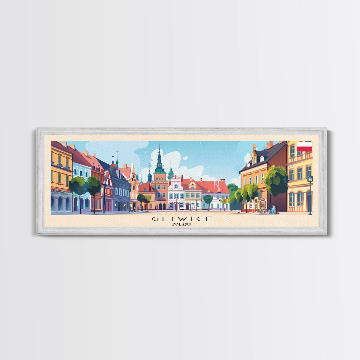 Gliwice Poland Panoramic Travel Poster, Framed Canvas Print or Metal Wall Art, Travel Art, Home Decor, Panoramic Painting, Midcentury Art
