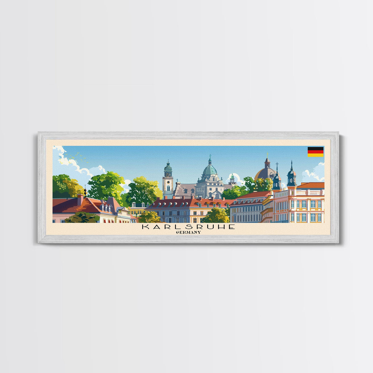 Karlsruhe Germany Panoramic Travel Poster, Framed Canvas Print or Metal Wall Art, Travel Art, Home Decor, Panoramic Painting, Midcentury Art