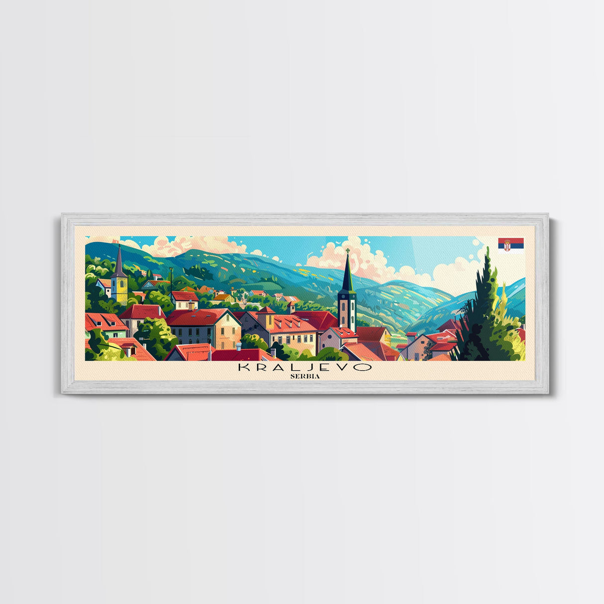 Kraljevo Serbia Panoramic Travel Poster, Framed Canvas Print or Metal Wall Art, Travel Art, Home Decor, Panoramic Painting, Midcentury Art