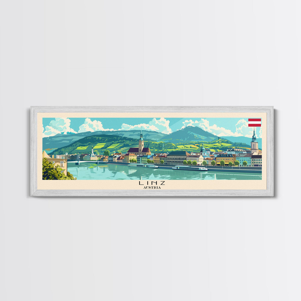 Linz Austria Panoramic Travel Poster, Framed Canvas Print or Metal Wall Art, Travel Art, Home Decor, Panoramic Painting, Midcentury Art