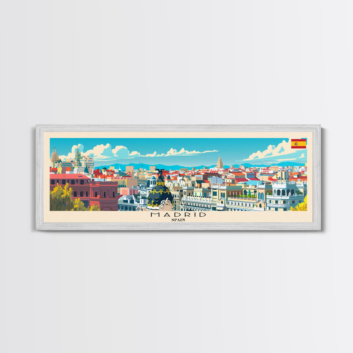 Madrid Spain Panoramic Travel Poster, Framed Canvas Print or Metal Wall Art, Travel Art, Home Decor, Panoramic Painting, Midcentury Art