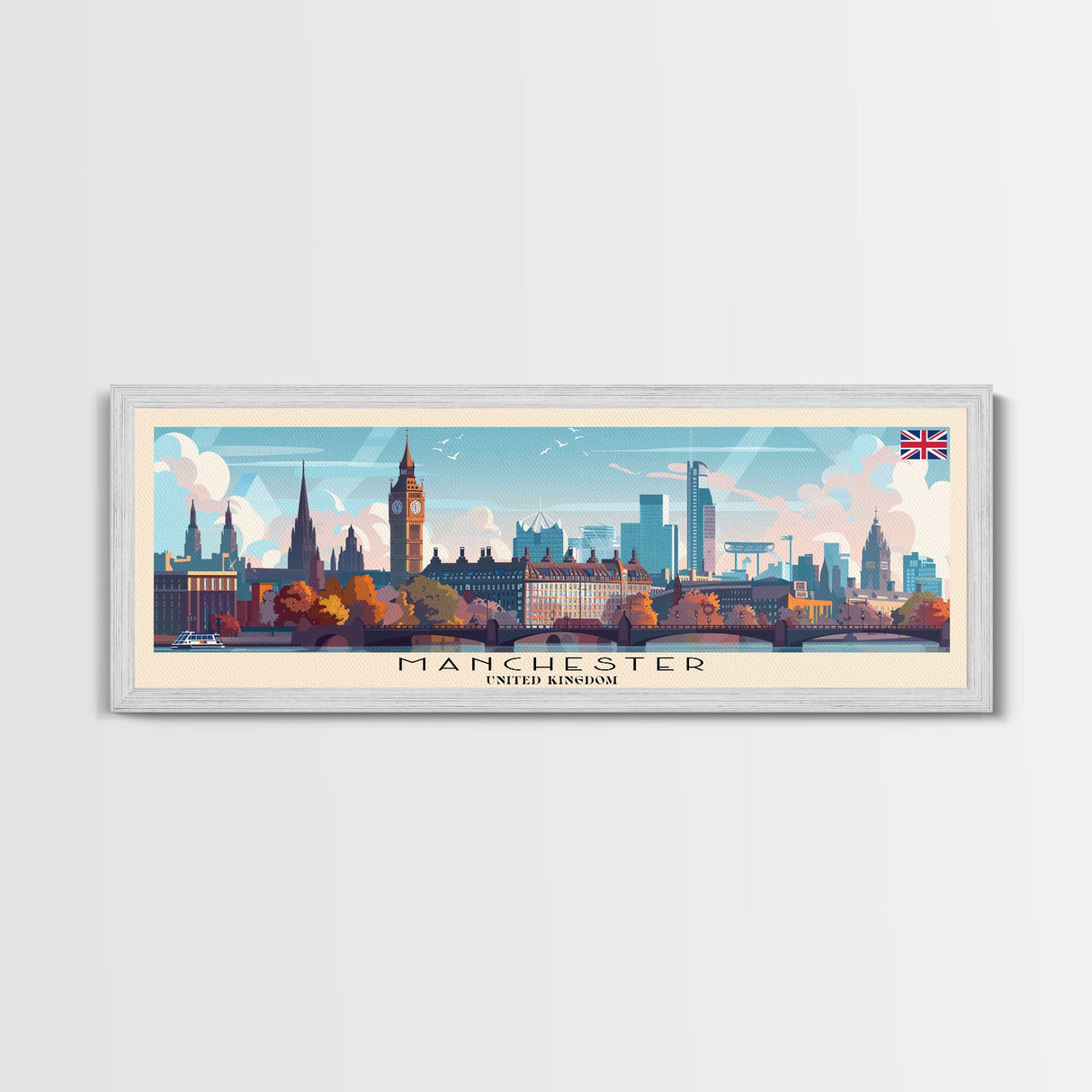 Manchester United Kingdom Panoramic Travel Poster, Framed Canvas Print or Metal Wall Art, Travel Art, Home Decor, Panoramic Painting, Midcentury Art