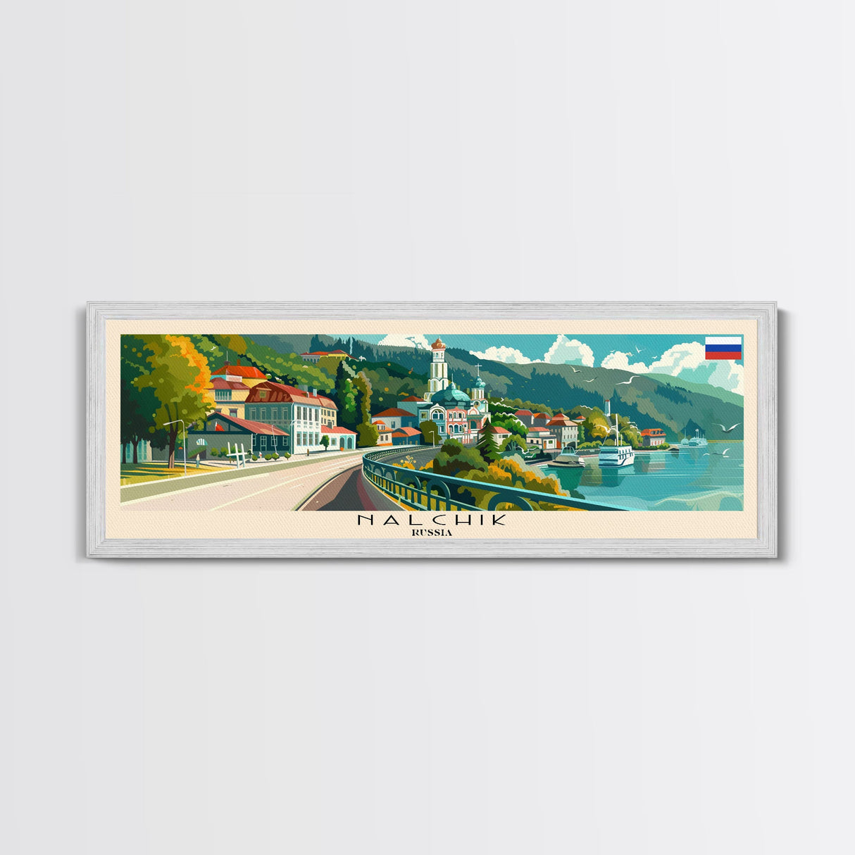 Nalchik Russia Panoramic Travel Poster, Framed Canvas Print or Metal Wall Art, Travel Art, Home Decor, Panoramic Painting, Midcentury Art