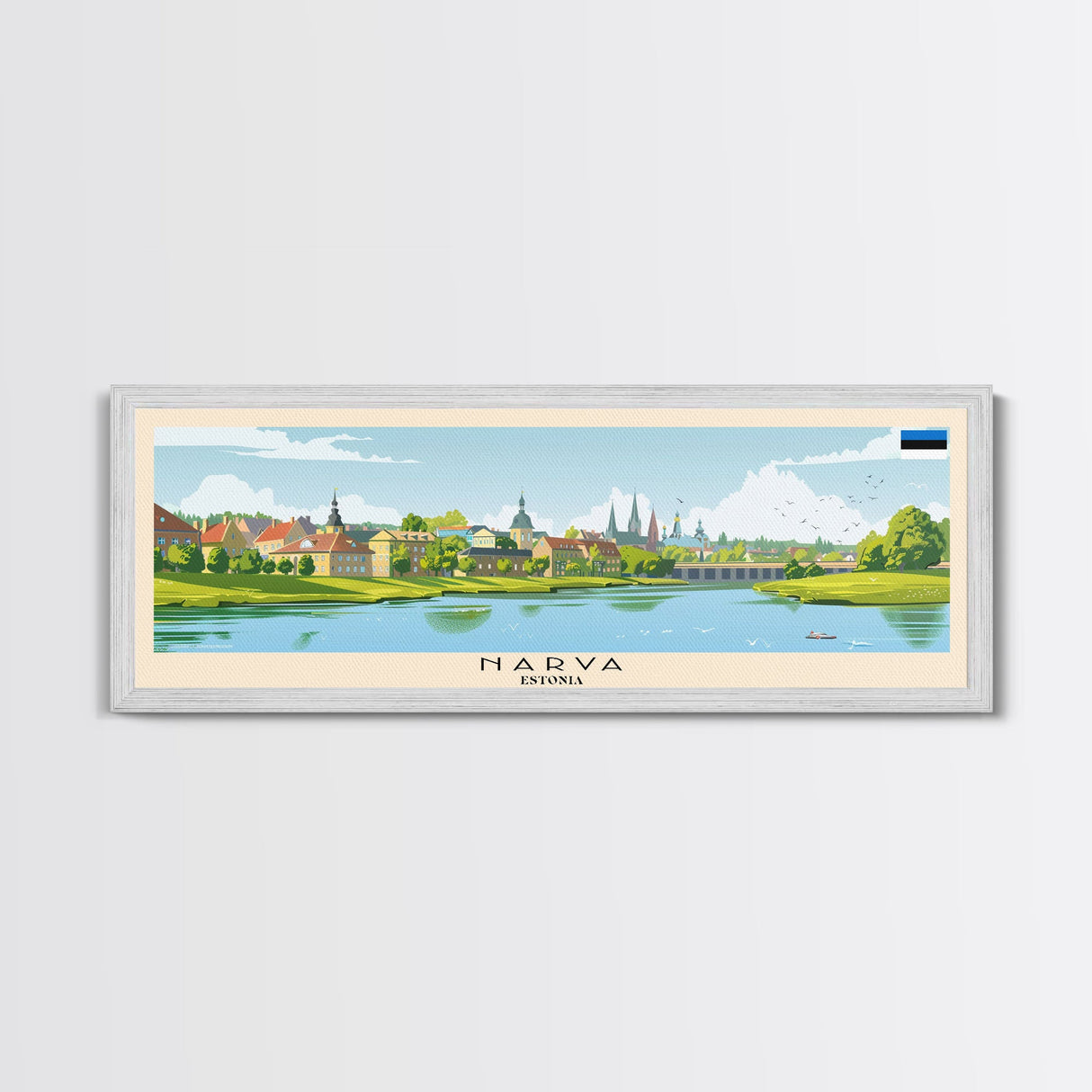 Narva Estonia Panoramic Travel Poster, Framed Canvas Print or Metal Wall Art, Travel Art, Home Decor, Panoramic Painting, Midcentury Art