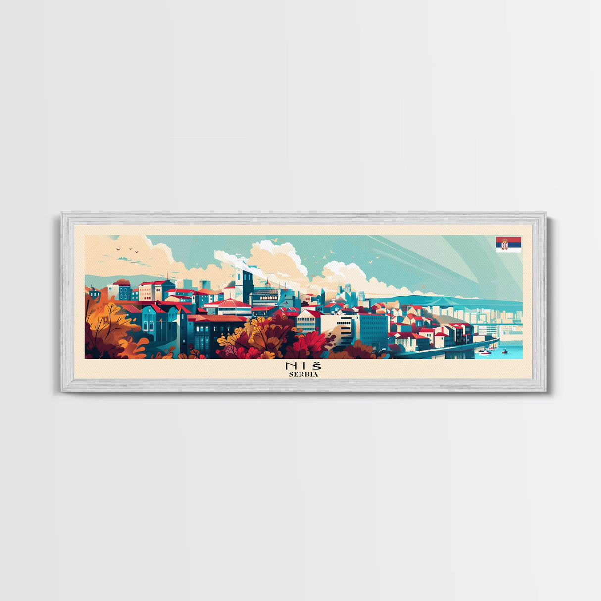 Niš Serbia Panoramic Travel Poster, Framed Canvas Print or Metal Wall Art, Travel Art, Home Decor, Panoramic Painting, Midcentury Art