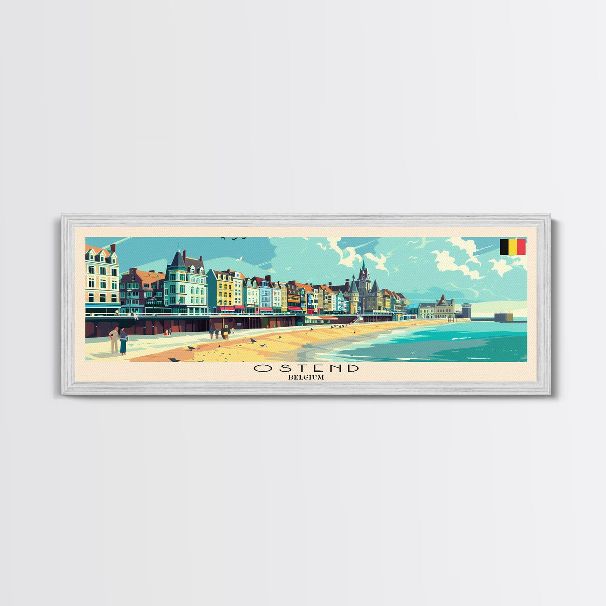 Ostend Belgium Panoramic Travel Poster, Framed Canvas Print or Metal Wall Art, Travel Art, Home Decor, Panoramic Painting, Midcentury Art