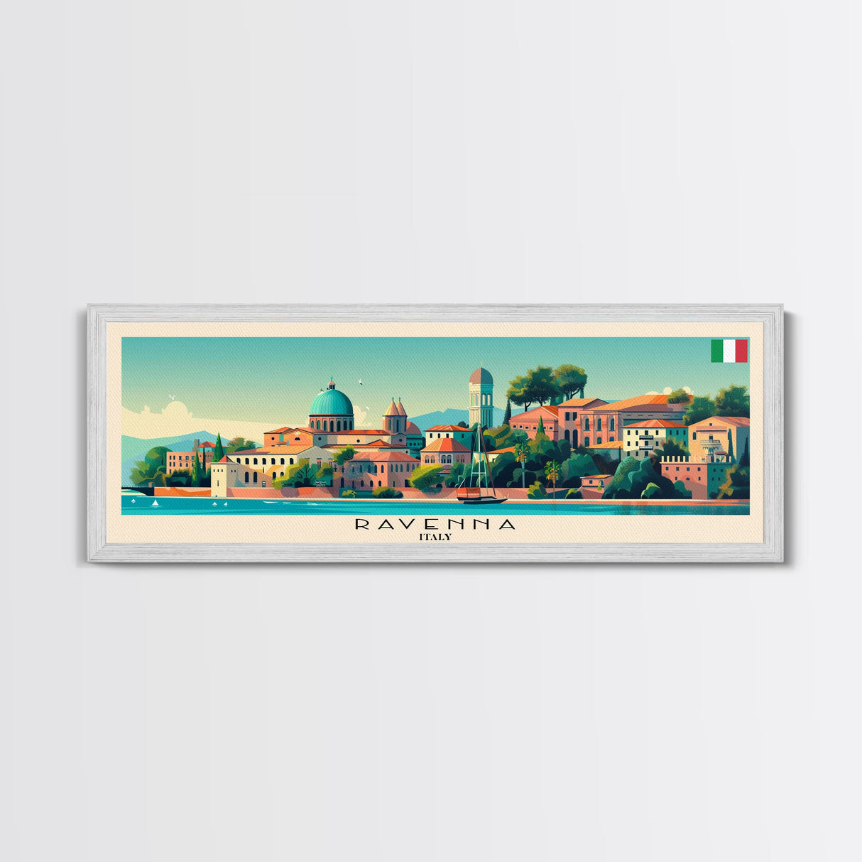 Ravenna Italy Panoramic Travel Poster, Framed Canvas Print or Metal Wall Art, Travel Art, Home Decor, Panoramic Painting, Midcentury Art