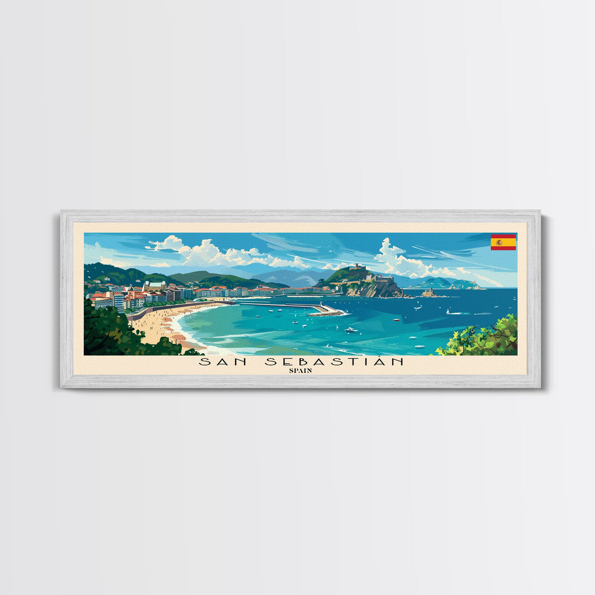 San Sebastian Spain Panoramic Travel Poster, Framed Canvas Print or Metal Wall Art, Travel Art, Home Decor, Panoramic Painting, Midcentury Art