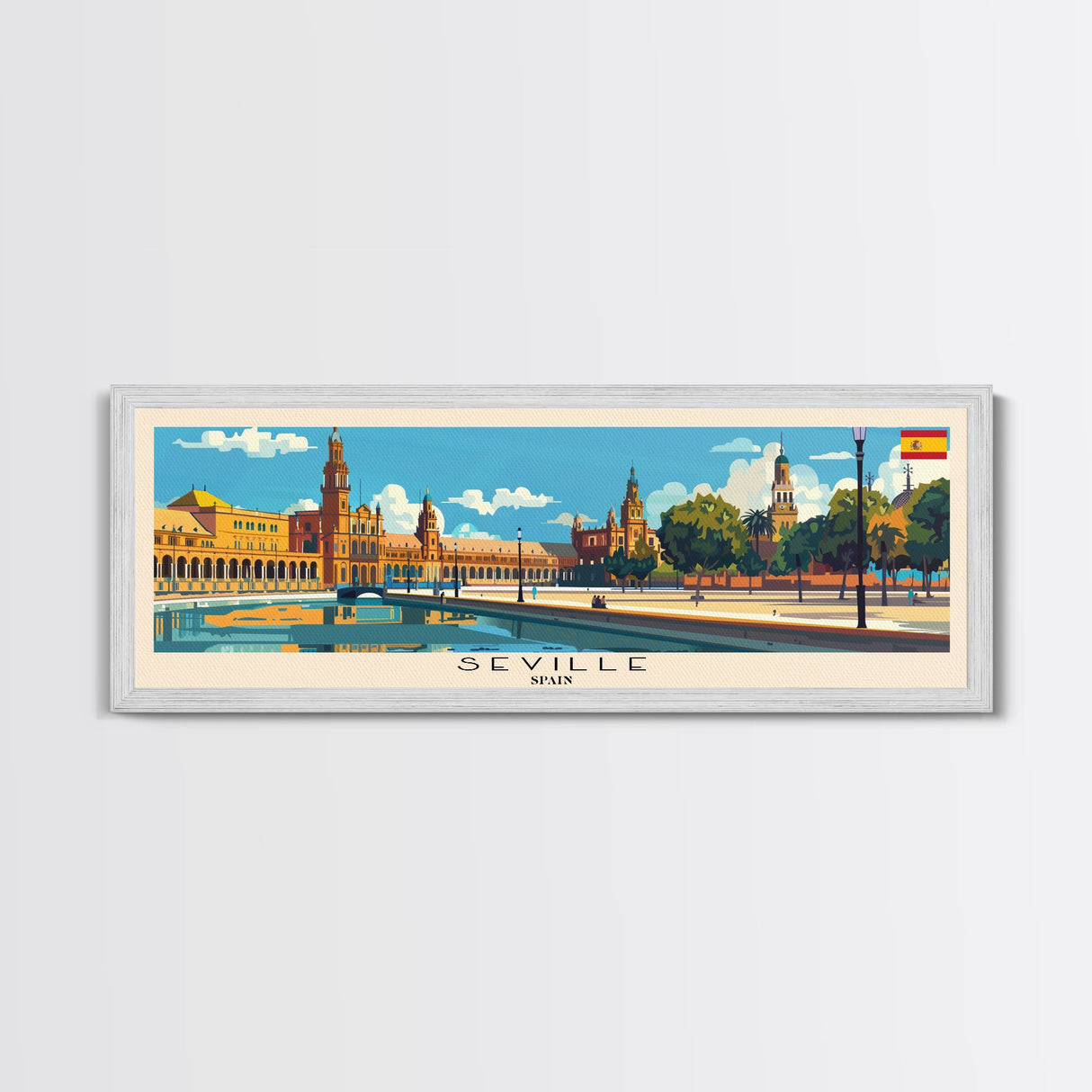 Seville Spain Panoramic Travel Poster, Framed Canvas Print or Metal Wall Art, Travel Art, Home Decor, Panoramic Painting, Midcentury Art