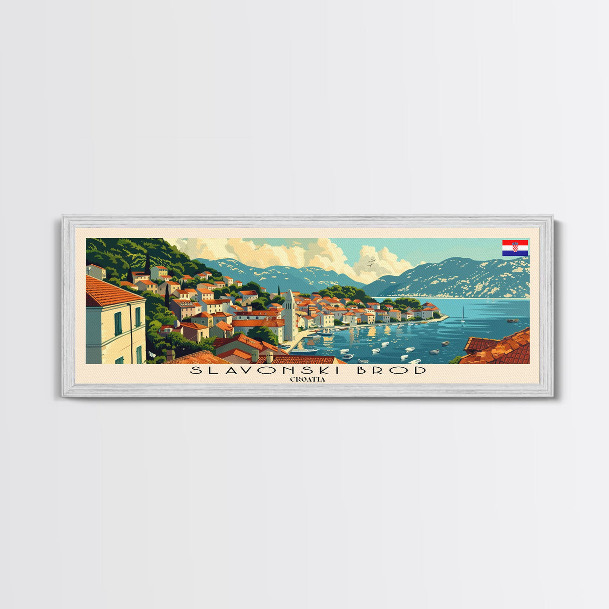 Slavonski Brod Croatia Panoramic Travel Poster, Framed Canvas Print or Metal Wall Art, Travel Art, Home Decor, Panoramic Painting, Midcentury Art
