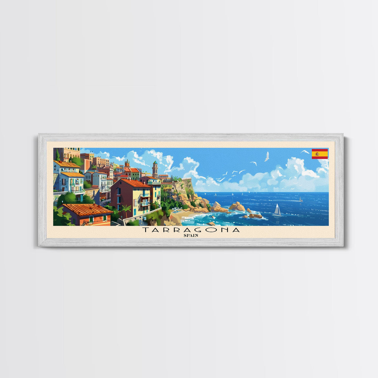 Tarragona Spain Panoramic Travel Poster, Framed Canvas Print or Metal Wall Art, Travel Art, Home Decor, Panoramic Painting, Midcentury Art