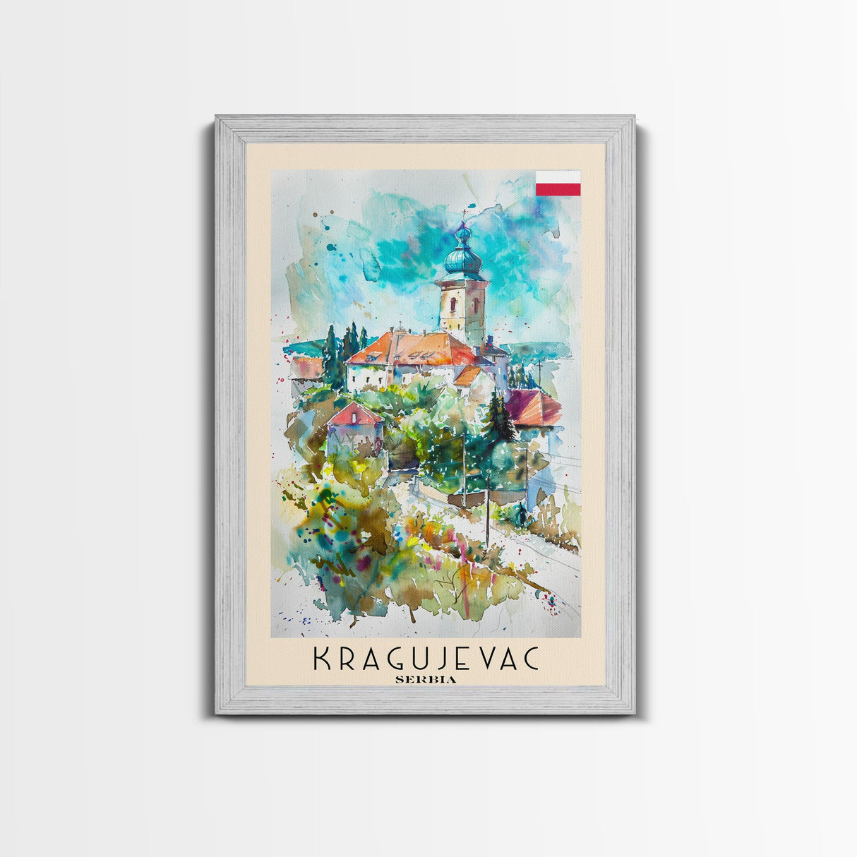 Kragujevac Serbia Travel Poster Framed Canvas Print, Watercolor Painting, Boho Wall Art, Living Room Decor, Scenic Art, Travel Print