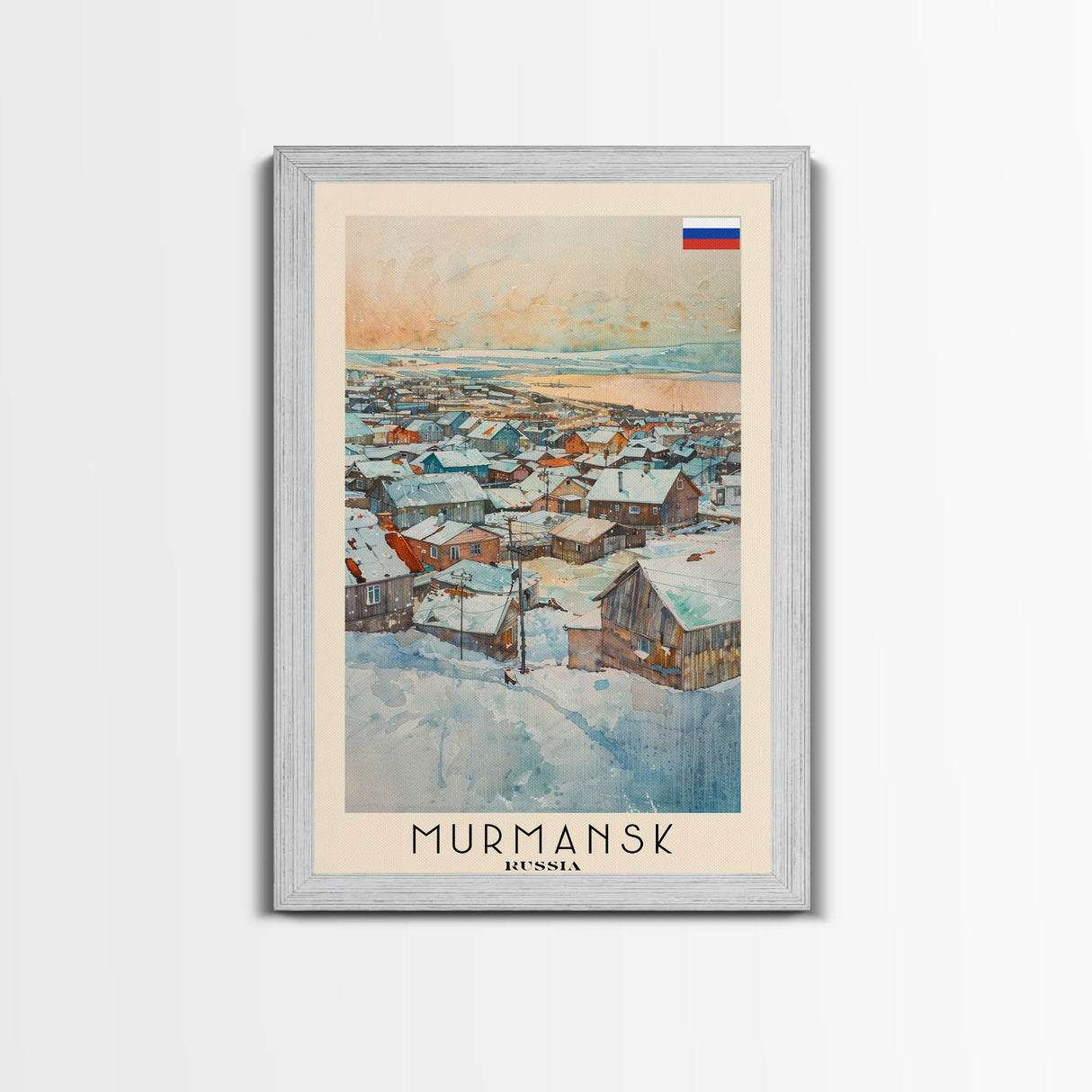 Murmansk Russia Travel Poster Framed Canvas Print, Coastal Cityscape, Watercolor Painting, Wall Art, Home Decoration, Travel Print, Unique Gift
