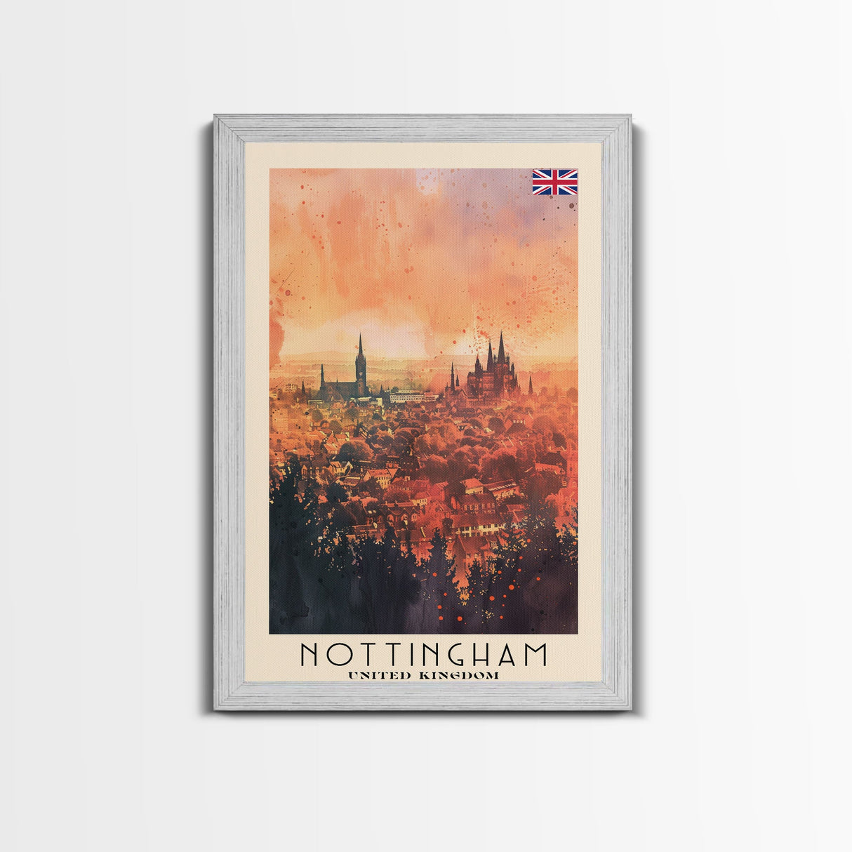 Nottingham United Kingdom Travel Poster Framed Canvas Print, Watercolor Painting, Scenic Wall Art, Home Decor, British Cityscape, Modern Art