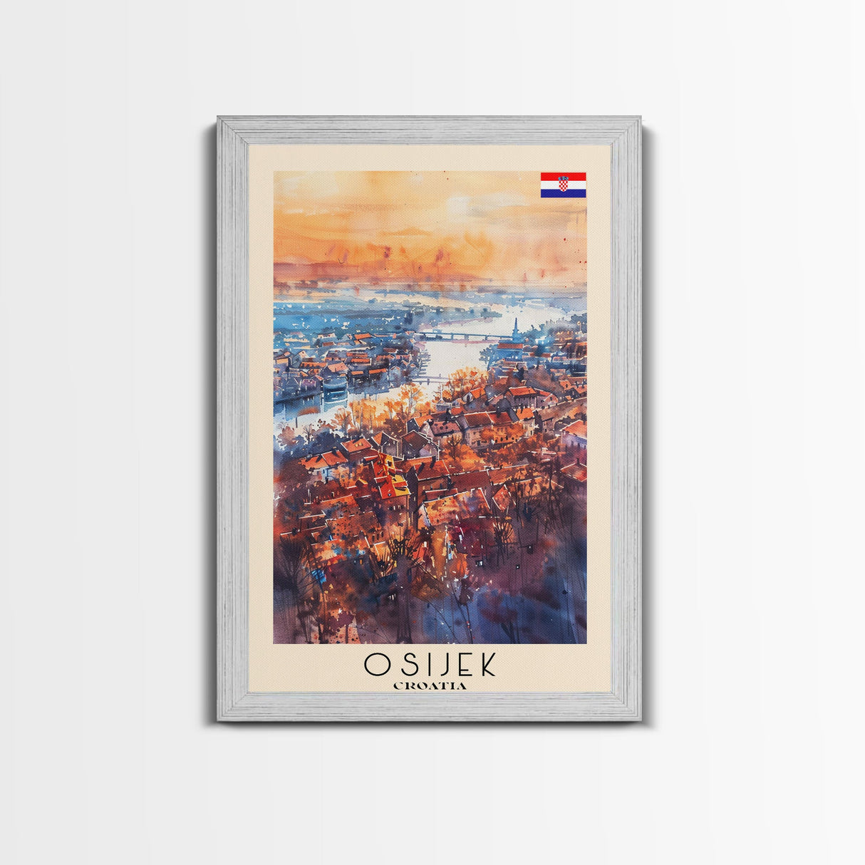 Osijek Croatia Travel Poster Framed Canvas Print, Watercolor Painting, Scenic Wall Art, Home Decor, Croatian Landscape, Rustic Art