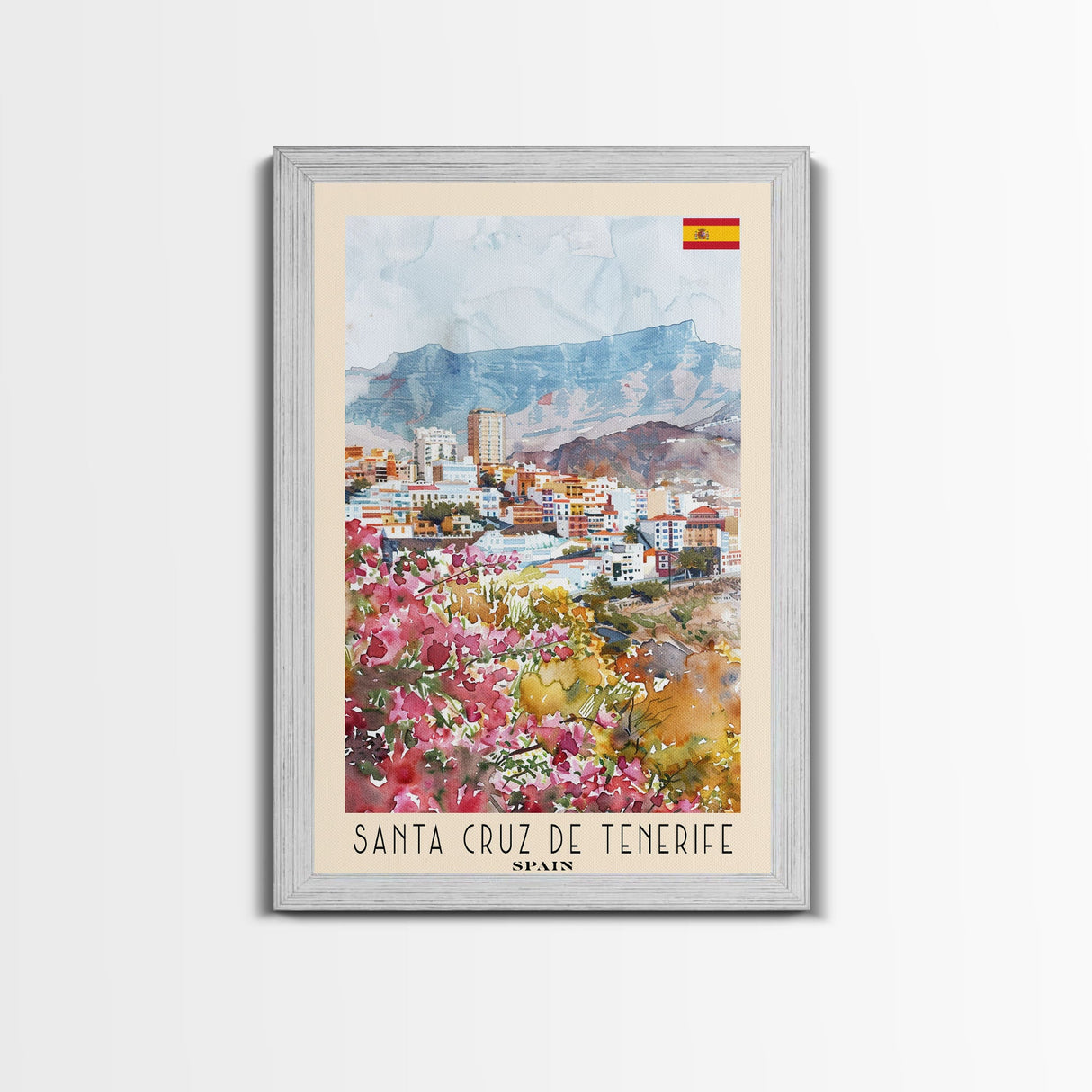 Santa Cruz de Tenerife Spain Travel Poster Framed Canvas Print, Watercolor Painting, Scenic Wall Art, Home Decor, Spanish Landscape, Modern Art