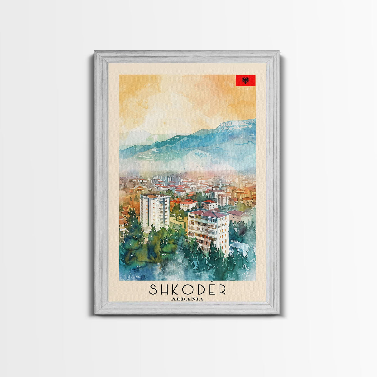 Shkoder Albania Travel Poster Framed Canvas Print, Watercolor Painting, Scenic Wall Art, Home Decor, Albanian Landscape, Classic Art
