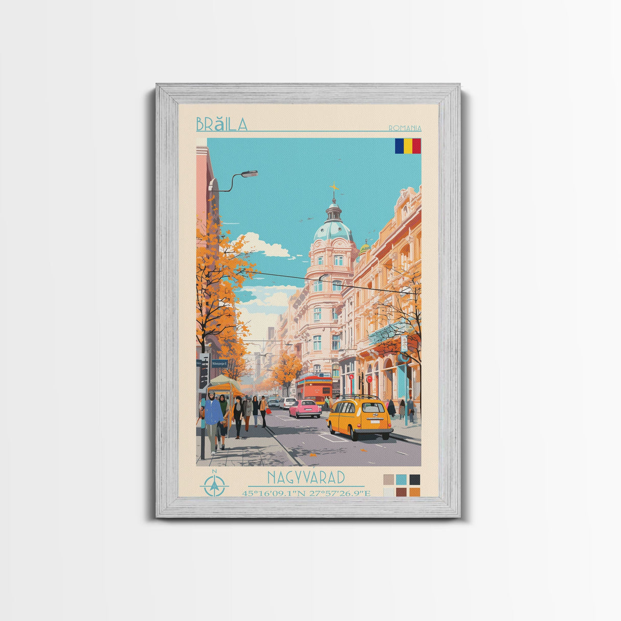 Brăila Romania Travel Poster Framed Canvas Print, Midcentury Modern Art, Pop Art Wall Decor, Home Decor, Vacation Gift, Living Room Art