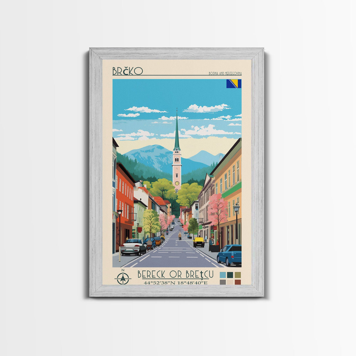 Brčko Bosnia and Herzegovina Travel Poster Framed Canvas Print, Midcentury Modern Art, Pop Art Wall Decor, Home Decor, Living Room Art