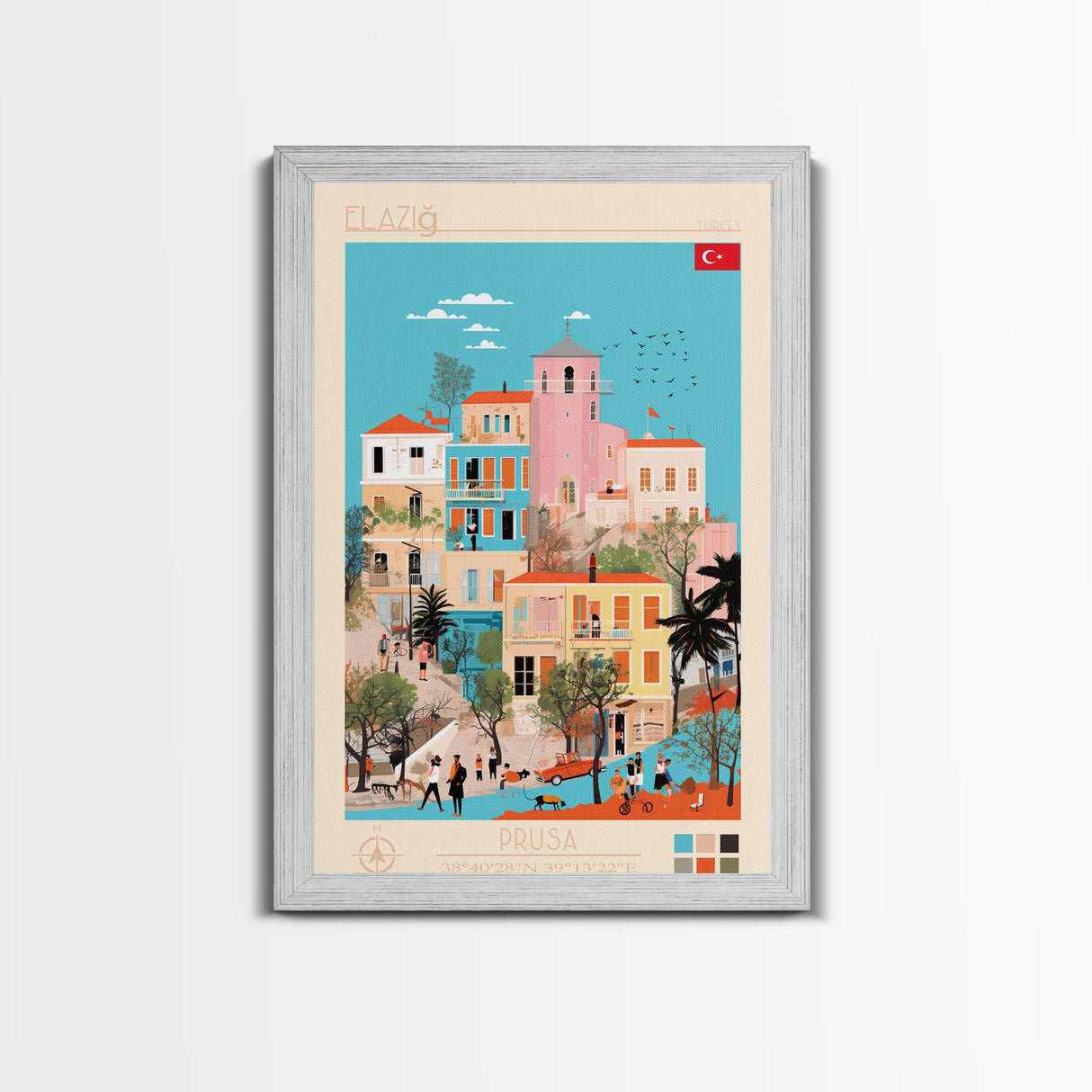 Elâzığ Turkey Travel Poster Framed Canvas Print, Midcentury Modern Art, Pop Art Wall Decor, Scenic Wall Art, Living Room Decoration, Office Art
