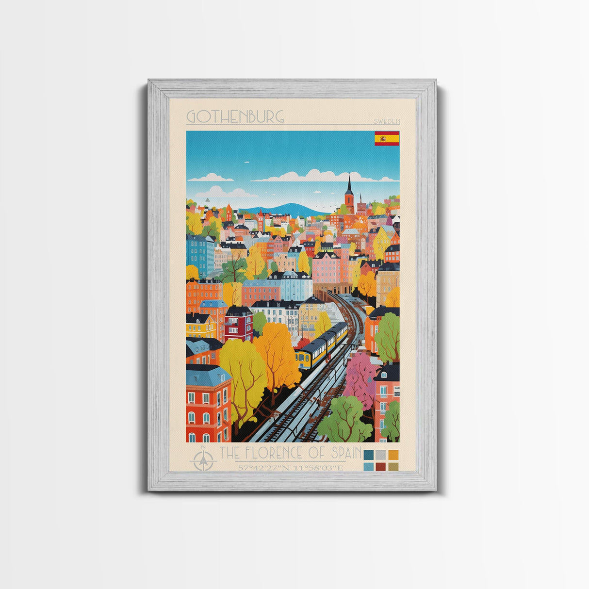 Gothenburg Sweden Travel Poster Framed Canvas Print, Midcentury Modern Art, Pop Art Wall Decor, Scenic Bedroom Art, Office Decoration
