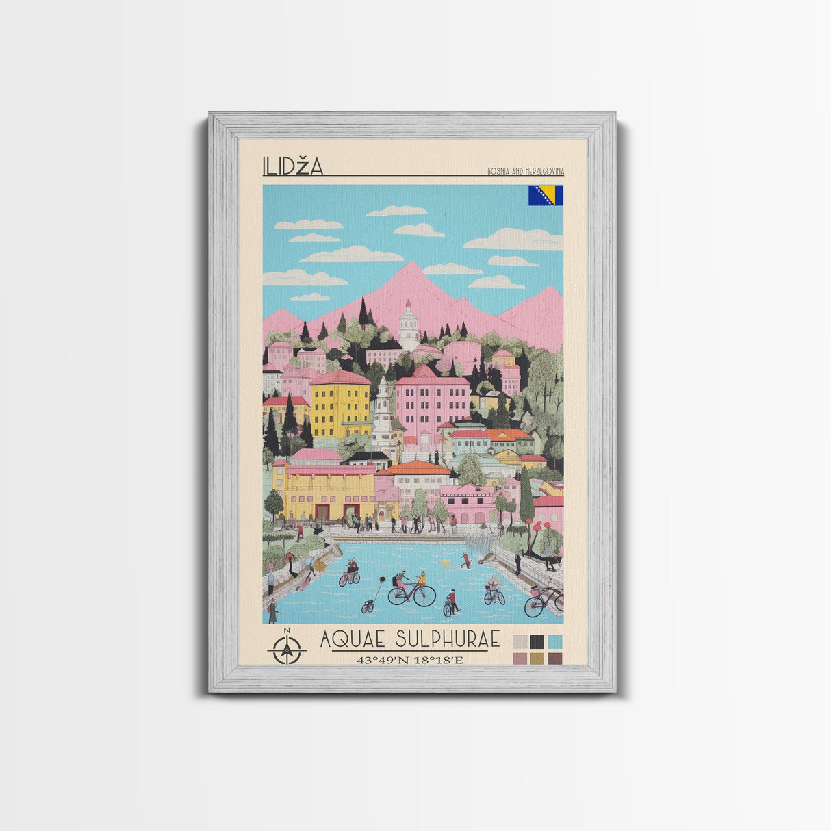 Ilidža Bosnia and Herzegovina Travel Poster Framed Canvas Print, Midcentury Modern Art, Pop Art Wall Decor, Scenic Wall Art, Bedroom Decoration
