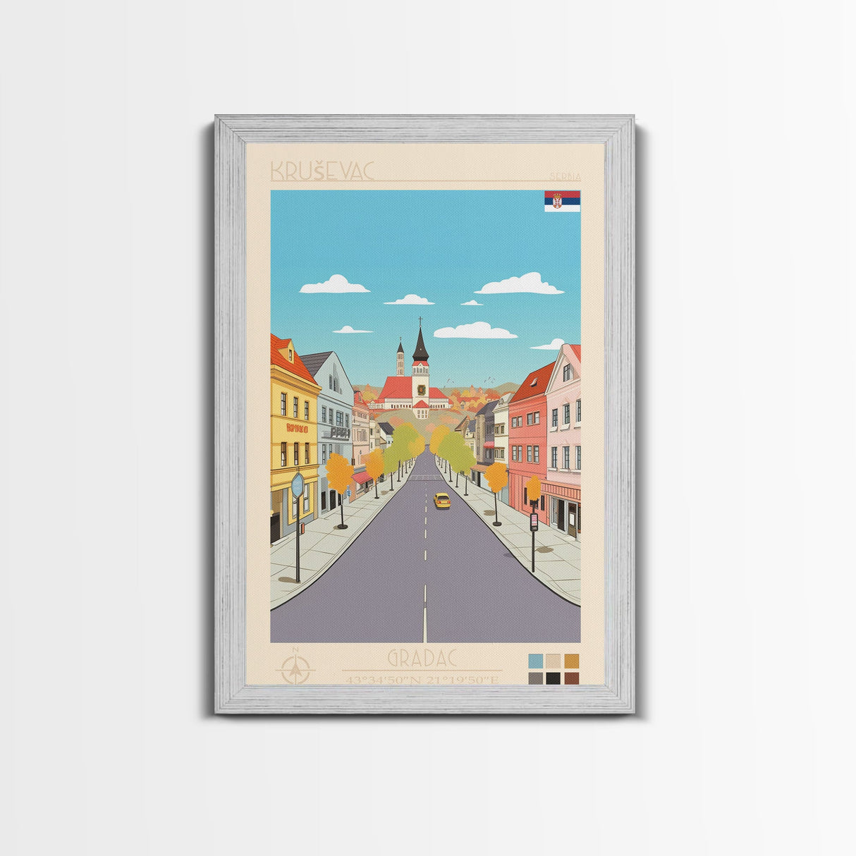 Kruševac Serbia Travel Poster Framed Canvas Print, Midcentury Modern Art, Pop Art Wall Decor, Scenic Living Room Art, Bedroom Gift