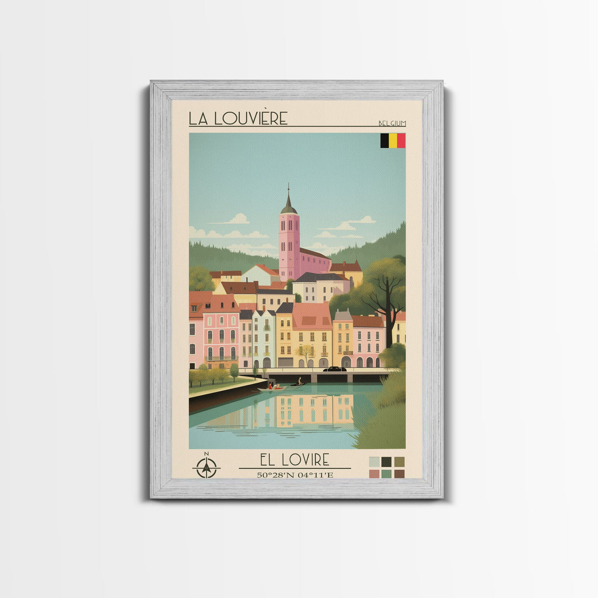 La Louvière Belgium Travel Poster Framed Canvas Print, Midcentury Modern Art, Pop Art Wall Decor, Scenic Living Room Art, Bedroom Gift