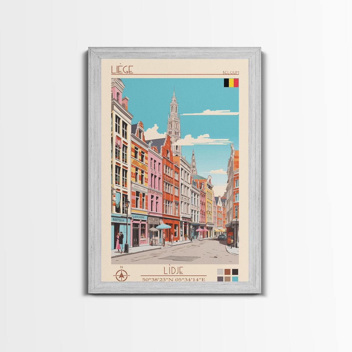Liège Belgium Travel Poster Framed Canvas Print, Midcentury Modern Art, Pop Art Wall Decor, Scenic Art, Home and Office Decoration