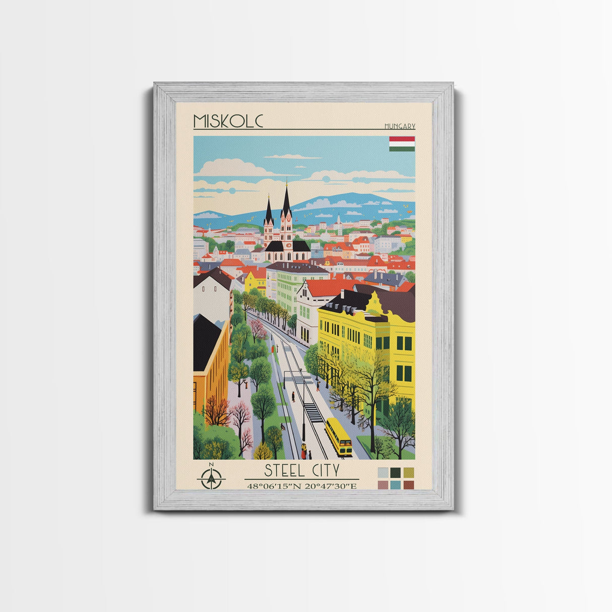 Miskolc Hungary Travel Poster Framed Canvas Print, Midcentury Modern Art, Pop Art Wall Decor, Scenic Living Room Art, Bedroom Decor